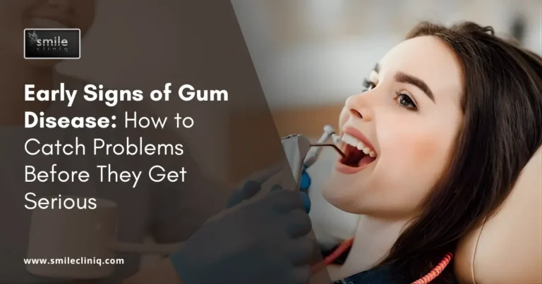 Common early signs of gum disease including irritated, bleeding gums and persistent bad breath