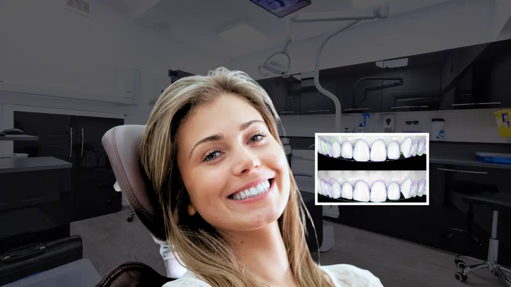 Couple smiling together with a digital smile design mock-up showing proposed tooth shape and alignment for a customised smile makeover in London