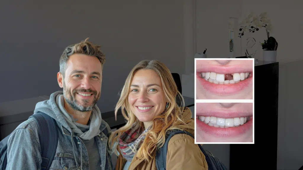 Smiling couple showing healthy, complete teeth after dental bridges treatment in a London Dentist.